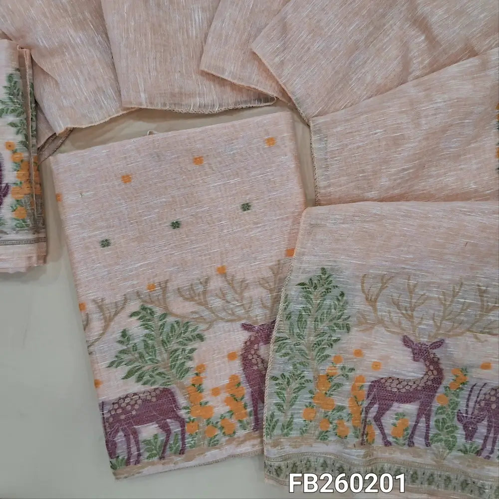 Designer jamdani woven pale Pink premium linen unstitched salwar material (textured, lining needed) jamdani woven on daman,  jamdani woven linen bottom, jamdani woven premium linen dupatta. FB260201