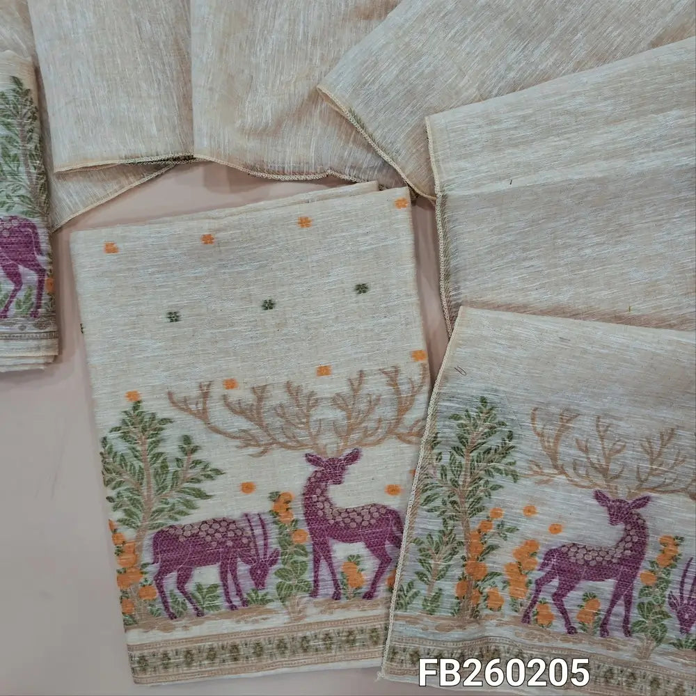 Designer jamdani woven light Beige premium linen unstitched salwar material (textured, lining needed) jamdani woven on daman,  jamdani woven linen bottom, jamdani woven premium linen dupatta. FB260205