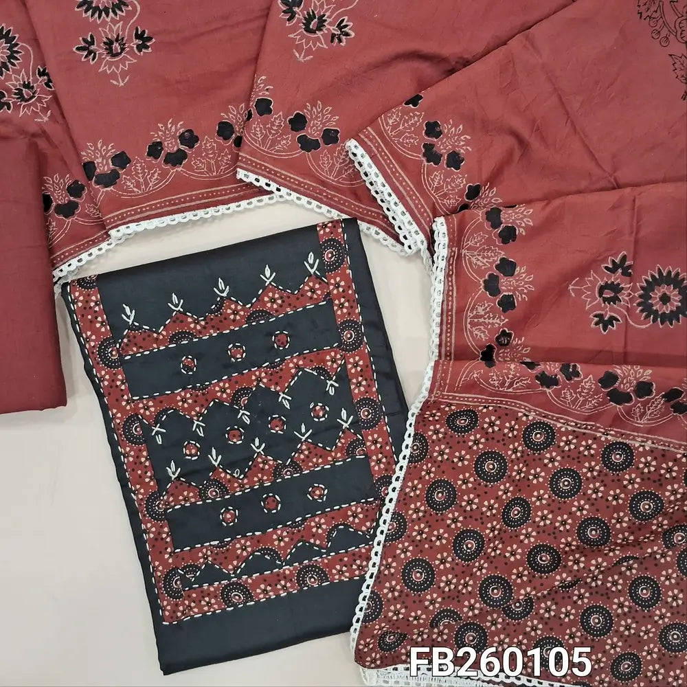 Black premium satin cotton unstitched salwar material (lining optional) hand kantha stitch, applique work on yoke, maroon cotton bottom, block printed silk cotton dupatta with lace tapings. FB260105