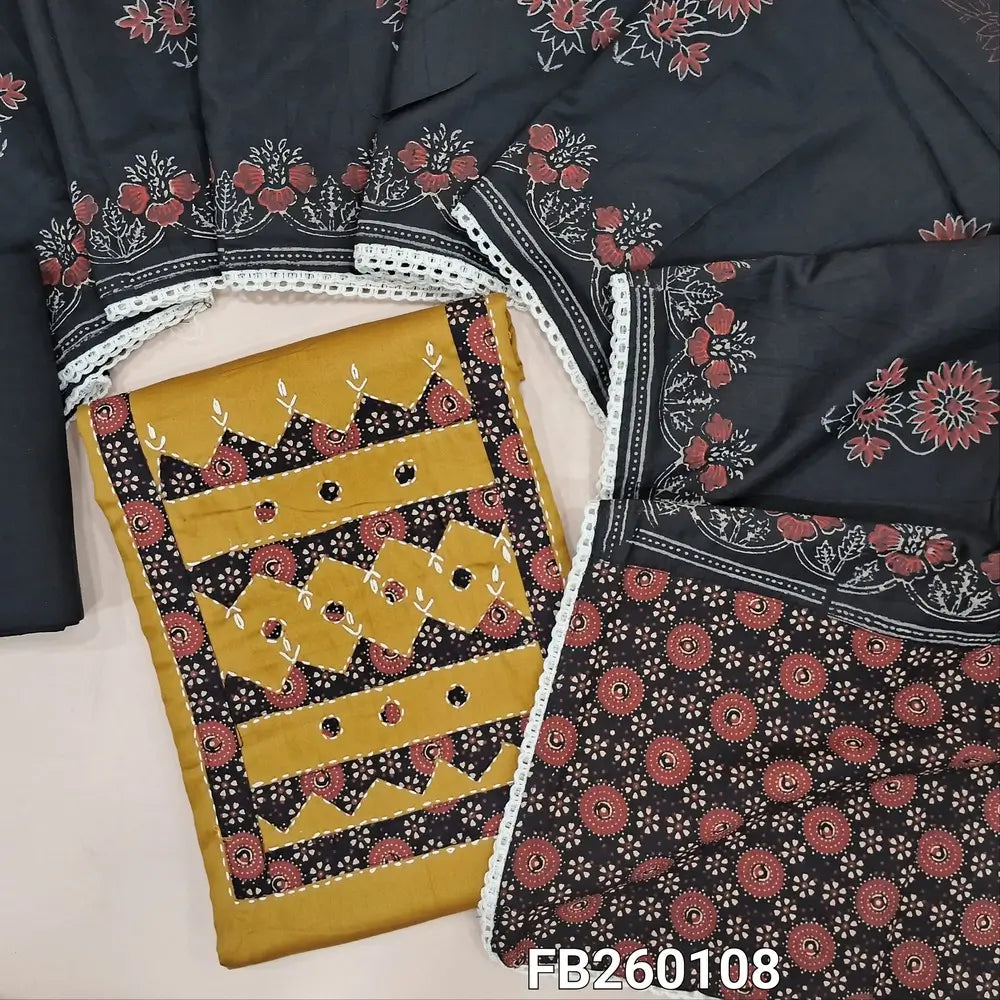 Mehandhi Yellow premium satin cotton unstitched salwar material (lining optional) hand kantha stitch, applique work on yoke, black cotton bottom, block printed silk cotton dupatta with lace tapings. FB260108