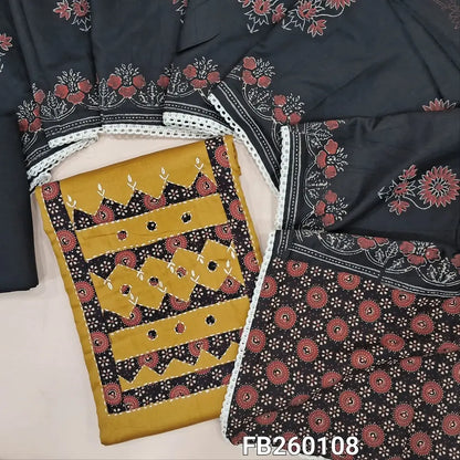 Mehandhi Yellow premium satin cotton unstitched salwar material (lining optional) hand kantha stitch, applique work on yoke, black cotton bottom, block printed silk cotton dupatta with lace tapings. FB260108