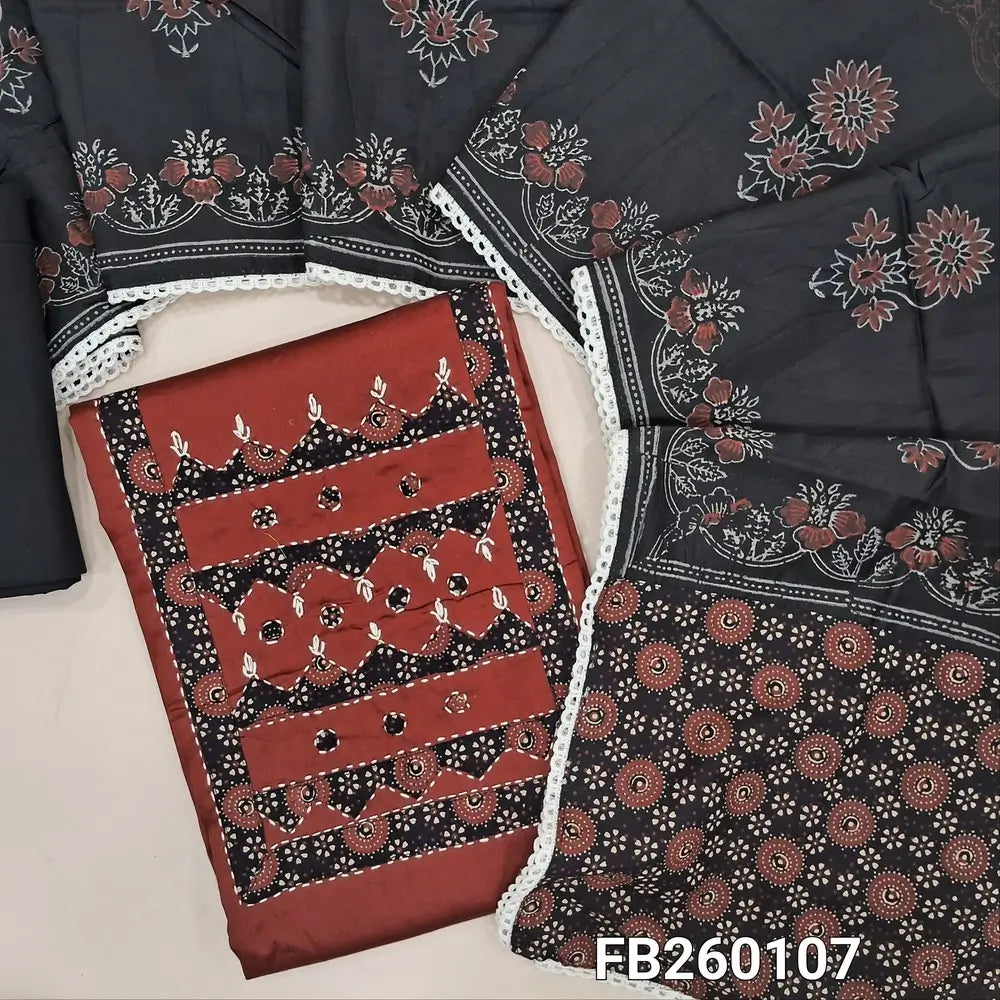 Maroon premium satin cotton unstitched salwar material (lining optional) hand kantha stitch, applique work on yoke, black cotton bottom, block printed silk cotton dupatta with lace tapings. FB260107