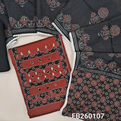 Maroon premium satin cotton unstitched salwar material (lining optional) hand kantha stitch, applique work on yoke, black cotton bottom, block printed silk cotton dupatta with lace tapings. FB260107
