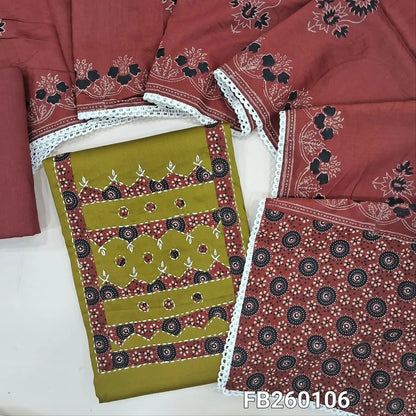 Mehandhi Green premium satin cotton unstitched salwar material (lining optional) hand kantha stitch, applique work on yoke, maroon cotton bottom, block printed silk cotton dupatta with lace tapings. FB260106