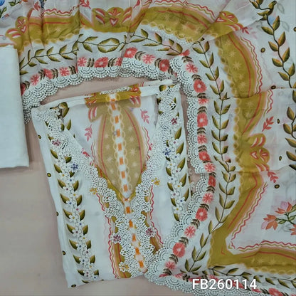 Designer digital printed half white pure muslin silk unstitched salwar material (lining needed)lace, bead work on panel design, matching santoon bottom, digital printed organza shot width dupatta with lace tapings.  FB260114
