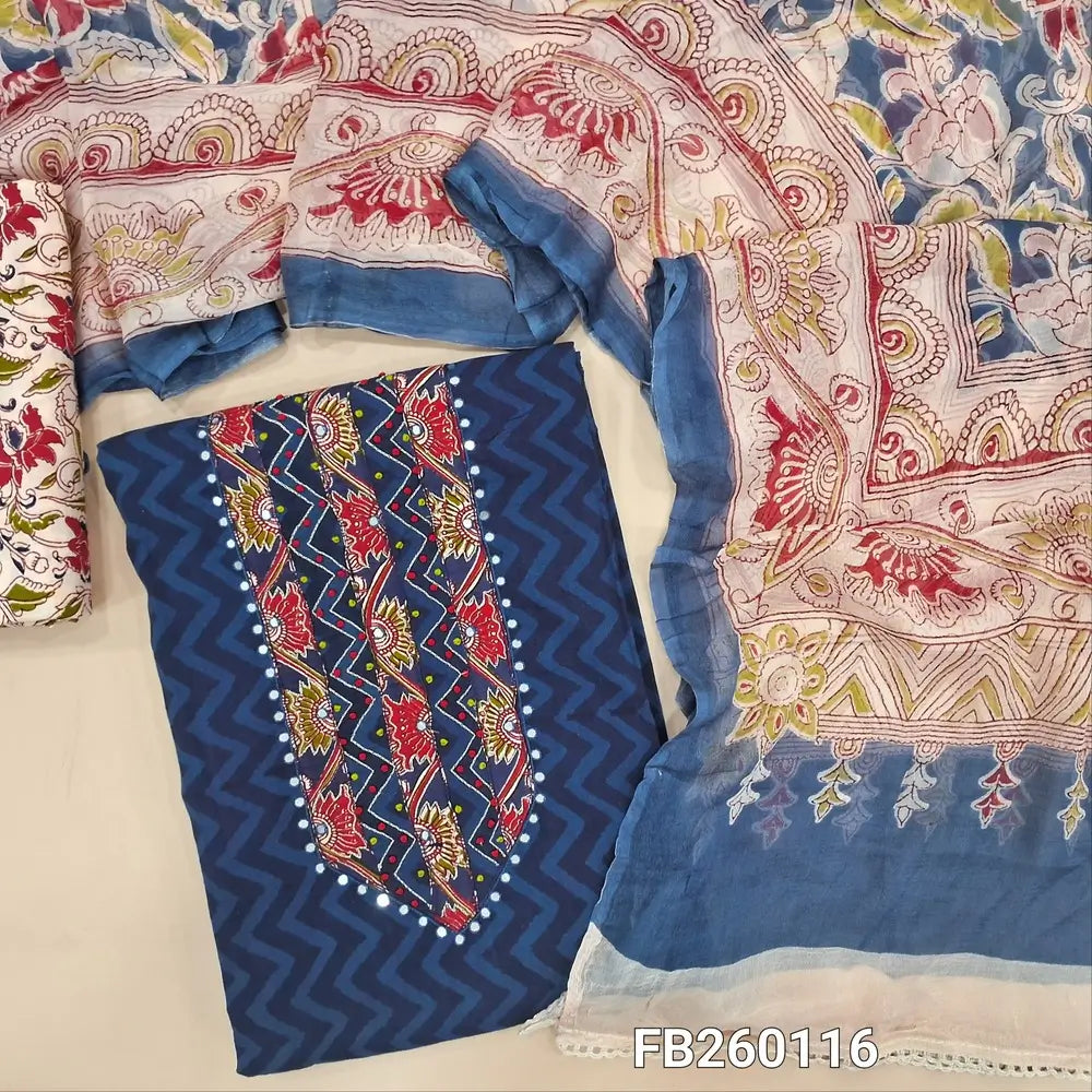 Printed dark Blue premium cotton unstitched salwar material (lining needed) sequins, French knot, work on yoke, printed cotton bottom, colorful printed pure chiffon dupatta. FB260116
