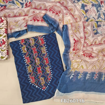Printed dark Blue premium cotton unstitched salwar material (lining needed) sequins, French knot, work on yoke, printed cotton bottom, colorful printed pure chiffon dupatta. FB260116