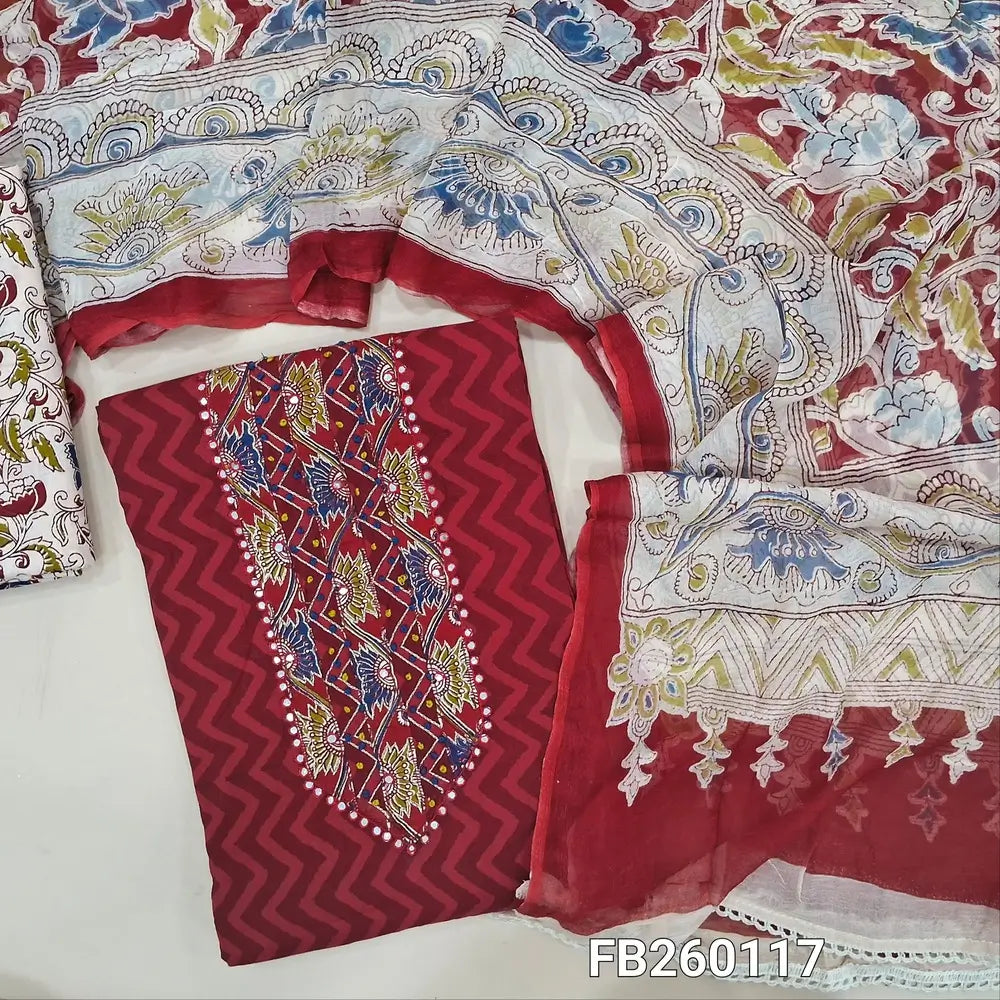 Printed dark Maroon premium cotton unstitched salwar material (lining needed) sequins, French knot, work on yoke, printed cotton bottom, colorful printed pure chiffon dupatta. FB260117