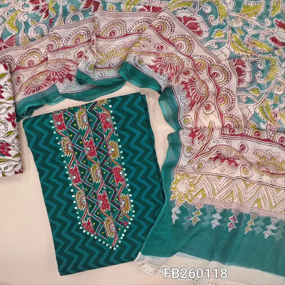 Printed teal Green premium cotton unstitched salwar material (lining needed) sequins, French knot, work on yoke, printed cotton bottom, colorful printed pure chiffon dupatta. FB260118