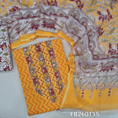 Printed mango Yellow premium cotton unstitched salwar material (lining needed) sequins, French knot, work on yoke, printed cotton bottom, colorful printed pure chiffon dupatta. FB260115