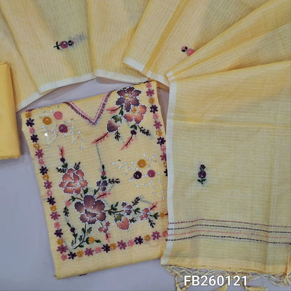 Designer Pastel Yellow premium kota unstitched salwar material, embroidery and sequins work on yoke (Lining Needed) matching silky bottom, embroidery, kantha stitch work on kota dupatta with tassels. FB260121