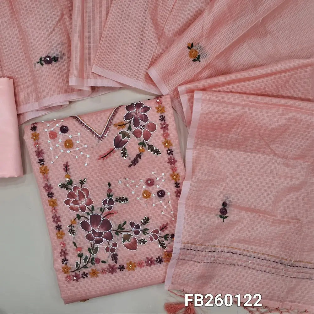 Designer Peachish Pink premium kota unstitched salwar material, embroidery and sequins work on yoke (Lining Needed) matching silky bottom, embroidery, kantha stitch work on kota dupatta with tassels. FB260122