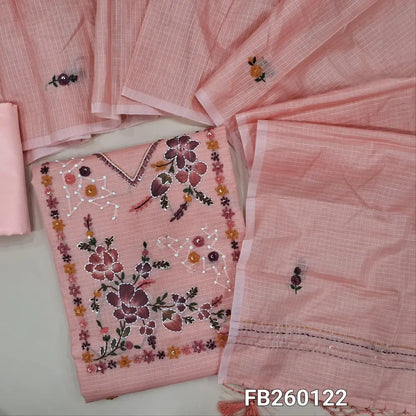 Designer Peachish Pink premium kota unstitched salwar material, embroidery and sequins work on yoke (Lining Needed) matching silky bottom, embroidery, kantha stitch work on kota dupatta with tassels. FB260122