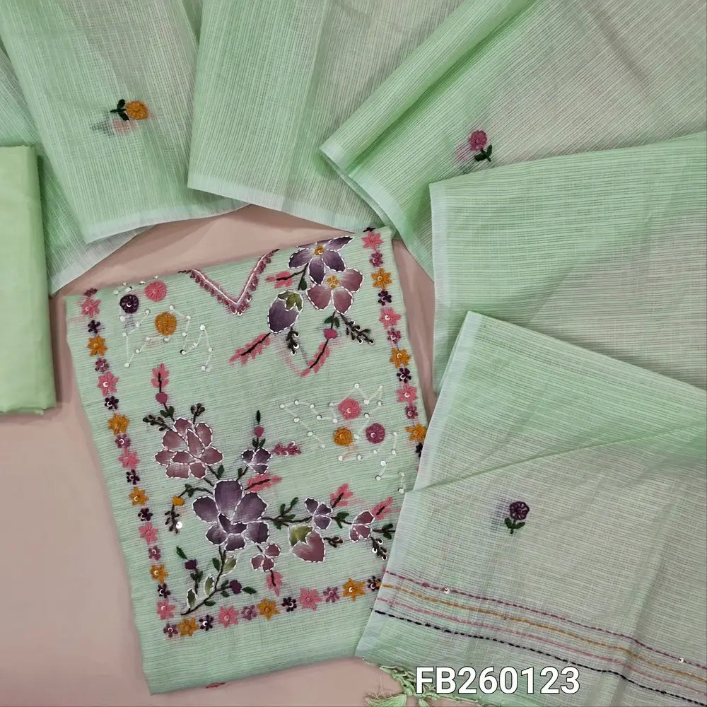 Designer sea Green premium kota unstitched salwar material, embroidery and sequins work on yoke (Lining Needed) matching silky bottom, embroidery, kantha stitch work on kota dupatta with tassels. FB260123