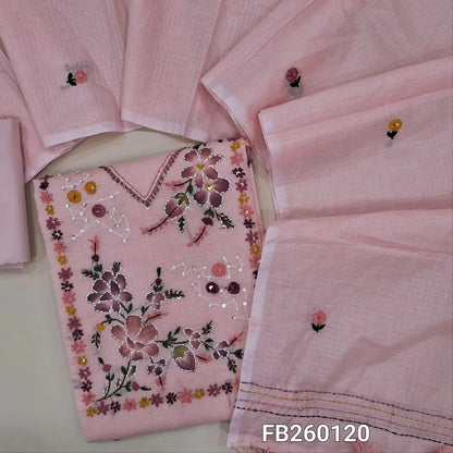 Designer Pastel Pink premium kota unstitched salwar material, embroidery and sequins work on yoke (Lining Needed) matching silky bottom, embroidery, kantha stitch work on kota dupatta with tassels. FB260120