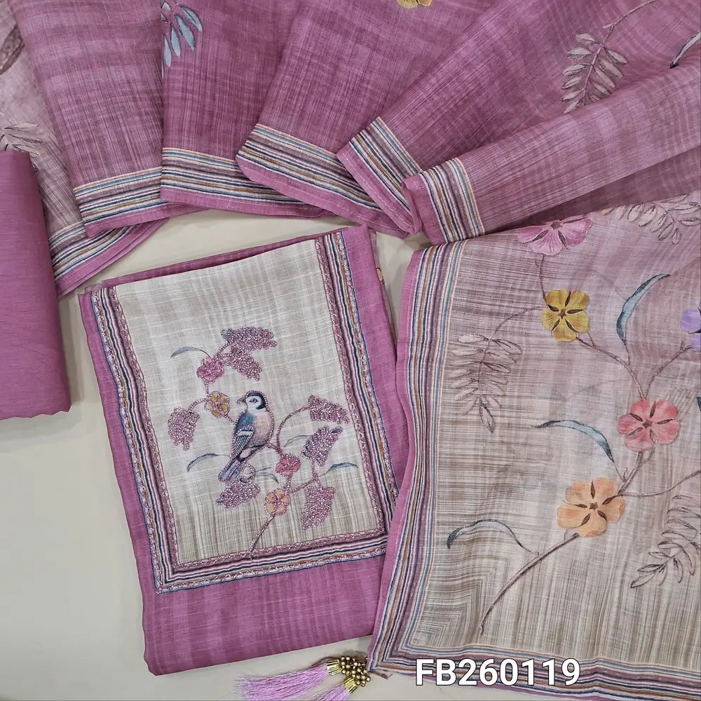 Digital printed pastel Pink semi linen unstitched salwar material (lining needed) thread, zari, bird print  on yoke & daman, matching cotton bottom, digital printed dual shaded semi linen dupatta. FB260119