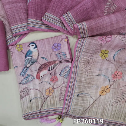 Digital printed pastel Pink semi linen unstitched salwar material (lining needed) thread, zari, bird print  on yoke & daman, matching cotton bottom, digital printed dual shaded semi linen dupatta. FB260119