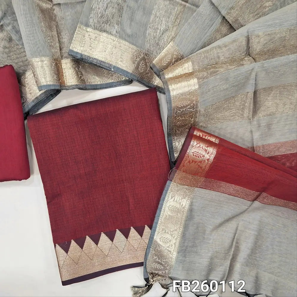 Dark Maroon semi Maheshwari silk cotton unstitched salwar material (lining needed) double side benarasi borders, matching silk cotton bottom, tissue lines semi Maheshwari silk cotton dupatta with borders & tassels. FB260112
