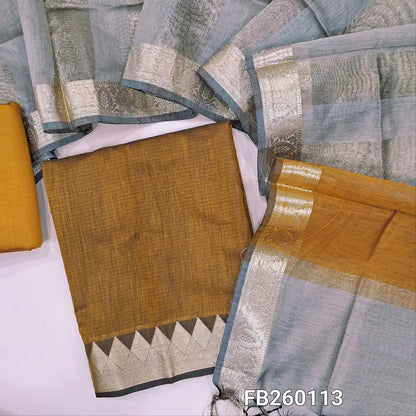 Mehandhi Yellow semi Maheshwari silk cotton unstitched salwar material (lining needed) double side benarasi borders, matching silk cotton bottom, tissue lines semi Maheshwari silk cotton dupatta with borders & tassels. FB260113