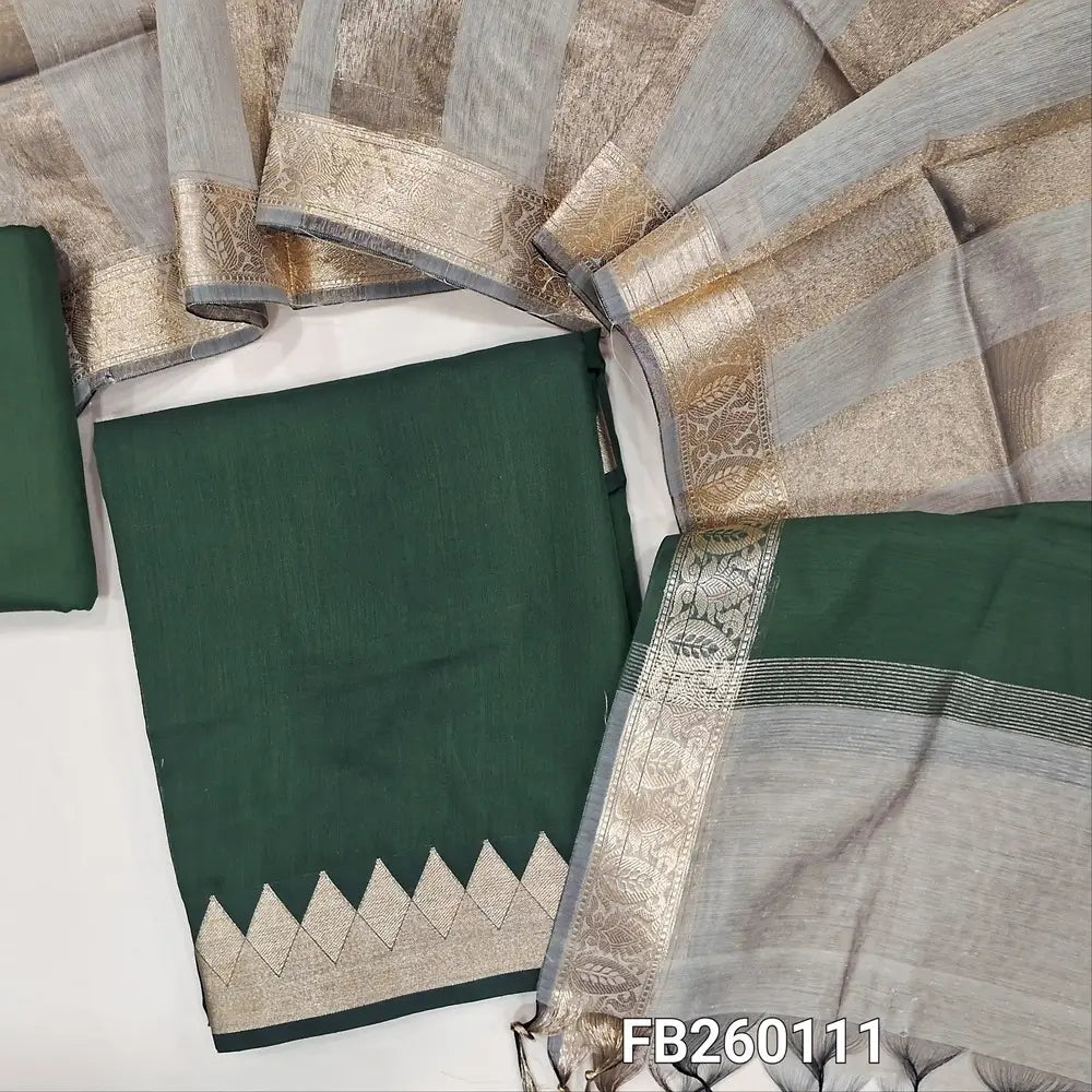 Dark Green semi Maheshwari silk cotton unstitched salwar material (lining needed) double side benarasi borders, matching silk cotton bottom, tissue lines semi Maheshwari silk cotton dupatta with borders & tassels. FB260111