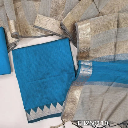 Turquoise Blue semi Maheshwari silk cotton unstitched salwar material (lining needed) double side benarasi borders, matching silk cotton bottom, tissue lines semi Maheshwari silk cotton dupatta with borders & tassels. FB260110