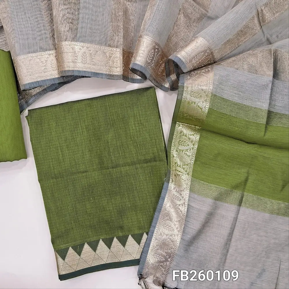 Dark Mossy Green semi Maheshwari silk cotton unstitched salwar material (lining needed) double side benarasi borders, matching silk cotton bottom, tissue lines semi Maheshwari silk cotton dupatta with borders & tassels. FB260109