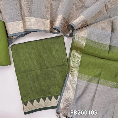 Dark Mossy Green semi Maheshwari silk cotton unstitched salwar material (lining needed) double side benarasi borders, matching silk cotton bottom, tissue lines semi Maheshwari silk cotton dupatta with borders & tassels. FB260109