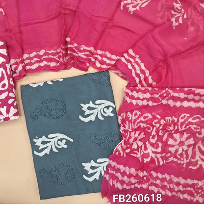Light blueish grey pure soft cotton unstitched salwar material(lining needed) thread embroider and batik design on front, pink batik dyed cotton bottom, batik dyed short width pure chiffon dupatta(TAPING NEEDED). FB260618