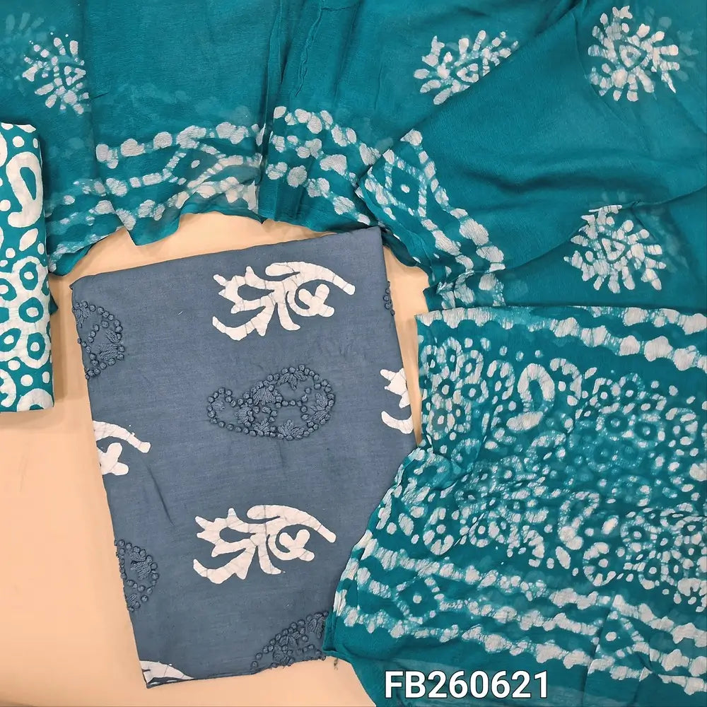 Light blueish grey pure soft cotton unstitched salwar material(lining needed) thread embroider and batik design on front, teal blue batik dyed cotton bottom, batik dyed short width pure chiffon dupatta(TAPING NEEDED). FB260621