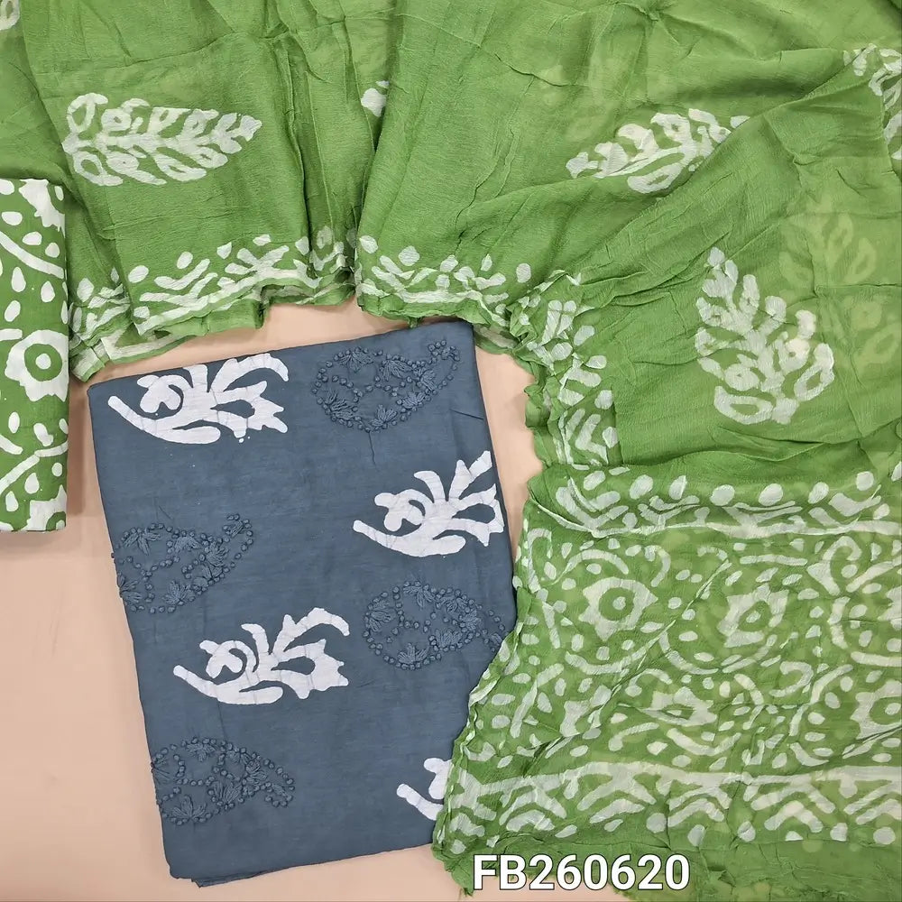 Light blueish grey pure soft cotton unstitched salwar material(lining needed) thread embroider and batik design on front, light green batik dyed cotton bottom, batik dyed short width pure chiffon dupatta(TAPING NEEDED). FB260620