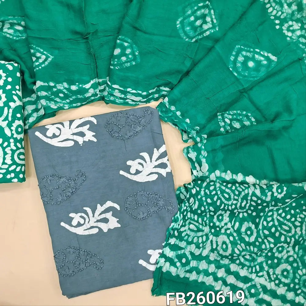 Light blueish grey pure soft cotton unstitched salwar material(lining needed) thread embroider and batik design on front, turquoise green batik dyed cotton bottom, batik dyed short width pure chiffon dupatta(TAPING NEEDED). FB260619