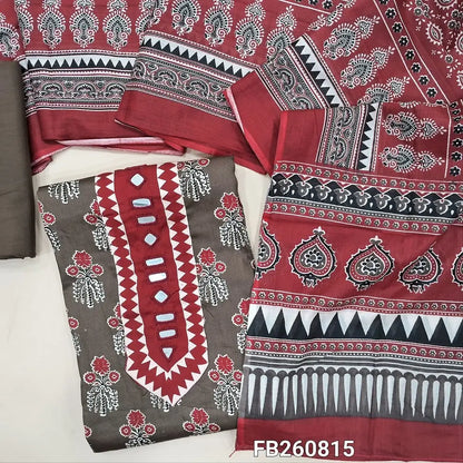Dark brownish grey printed satin cotton unstitched salwar material,(Lining Optional) ajrak patch and real mirror yoke,matching spun cotton bottom, printed full length soft cotton dupatta. FB260815