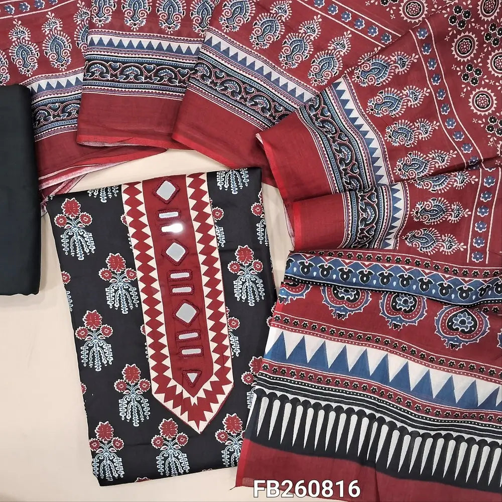Black printed satin cotton unstitched salwar material,(Lining Optional) ajrak patch and real mirror yoke,matching spun cotton bottom, printed full length soft cotton dupatta. FB260816