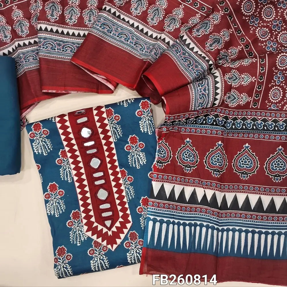 Blue printed satin cotton unstitched salwar material,(Lining Optional) ajrak patch and real mirror yoke,matching spun cotton bottom, printed full length soft cotton dupatta. FB260814