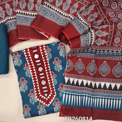 Blue printed satin cotton unstitched salwar material,(Lining Optional) ajrak patch and real mirror yoke,matching spun cotton bottom, printed full length soft cotton dupatta. FB260814
