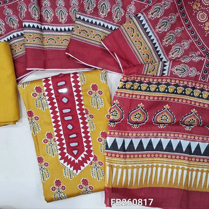 Mehandhi yellow  printed satin cotton unstitched salwar material,(Lining Optional) ajrak patch and real mirror yoke,matching spun cotton bottom, printed full length soft cotton dupatta. FB260817