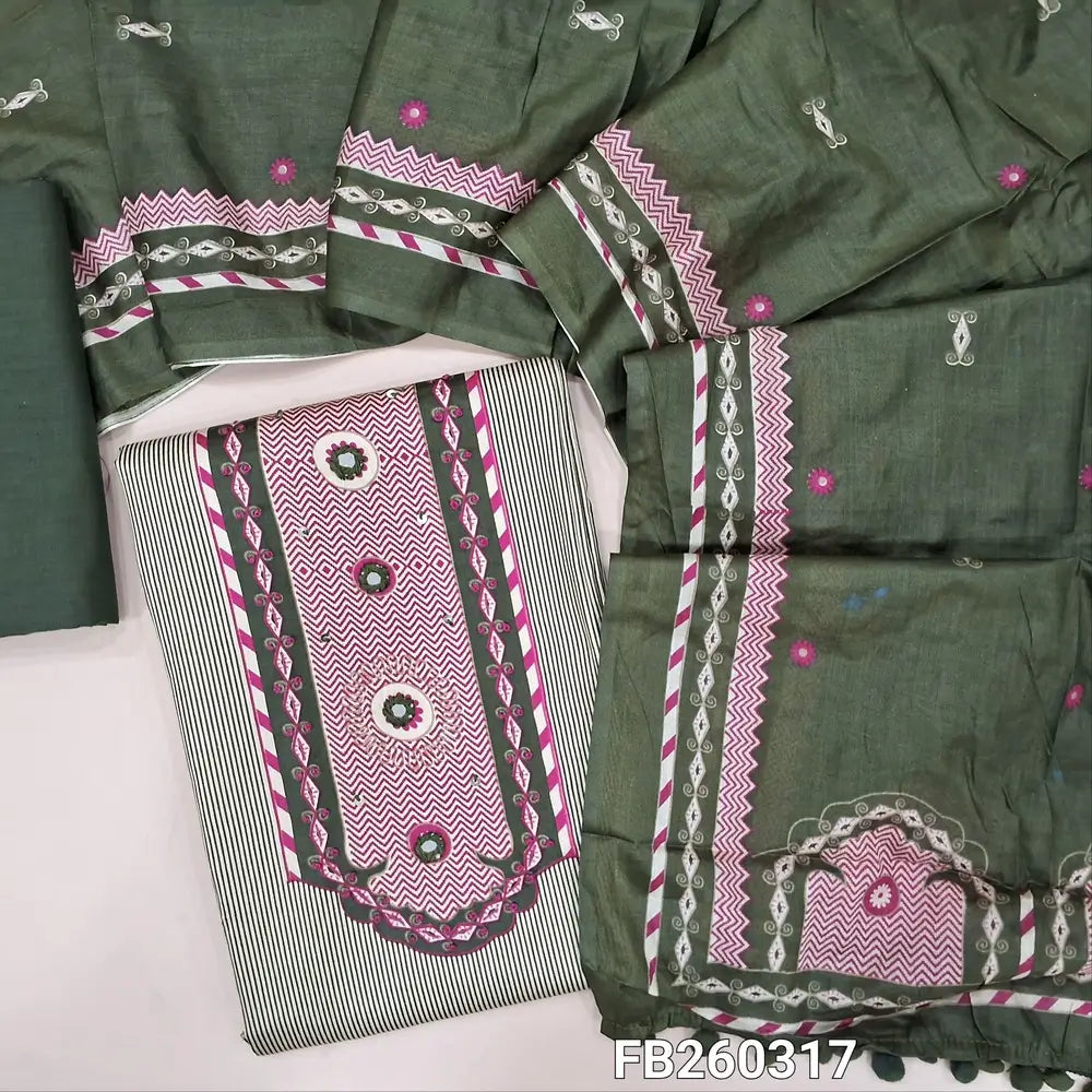 Light beige Satin cotton digital printed unstitched salwar material, yoke with real mirror and french knot work (Lining Optional) dark green cotton bottom, printed pure cotton dupatta with tapings. FB260317