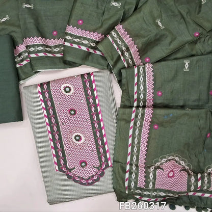 Light beige Satin cotton digital printed unstitched salwar material, yoke with real mirror and french knot work (Lining Optional) dark green cotton bottom, printed pure cotton dupatta with tapings. FB260317