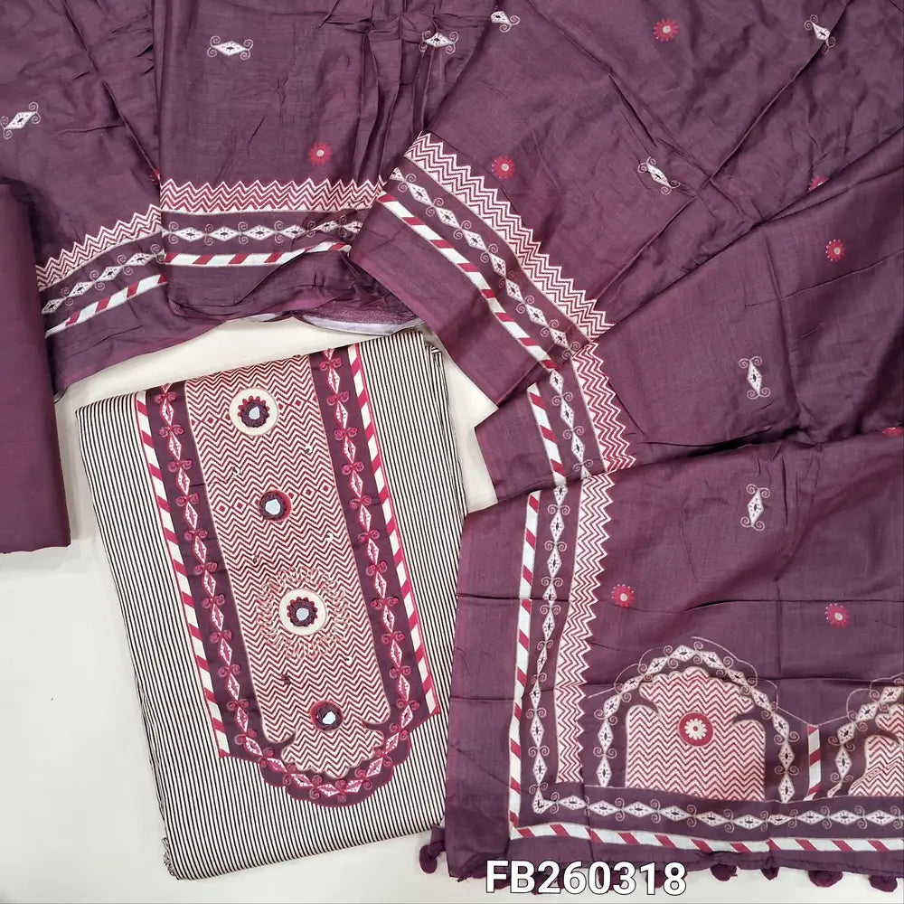 Light beige Satin cotton digital printed unstitched salwar material, yoke with real mirror and french knot work (Lining Optional) dark beetroot purple cotton bottom, printed pure cotton dupatta with tapings. FB260318