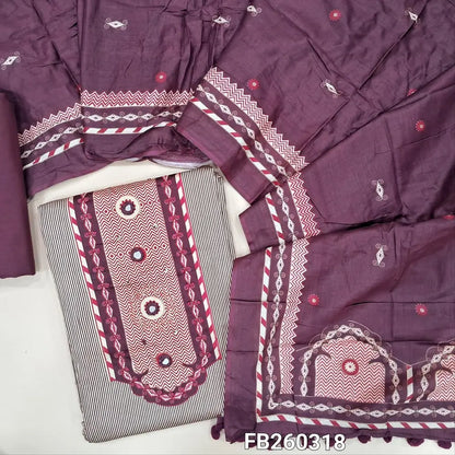 Light beige Satin cotton digital printed unstitched salwar material, yoke with real mirror and french knot work (Lining Optional) dark beetroot purple cotton bottom, printed pure cotton dupatta with tapings. FB260318