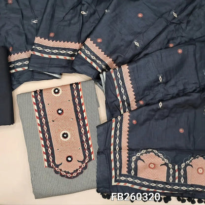 Light beige Satin cotton digital printed unstitched salwar material, yoke with real mirror and french knot work (Lining Optional) black cotton bottom, printed pure cotton dupatta with tapings. FB260320