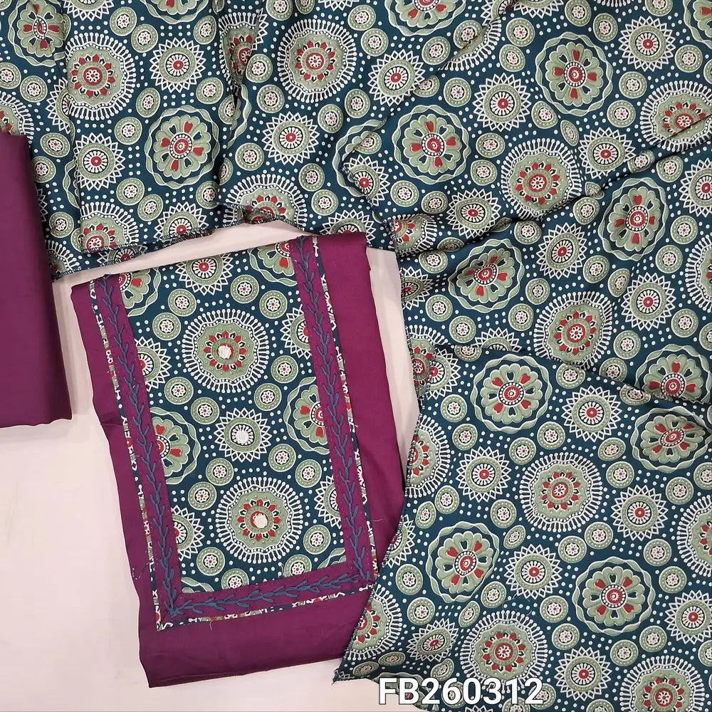 Bright Beetroot Purple with dark green satin cotton unstitched salwar material, ajrak yoke with real mirror and embroidery detailing on front (Lining Optional) matching cotton bottom, ajrak printed silk cotton dupatta. FB250312