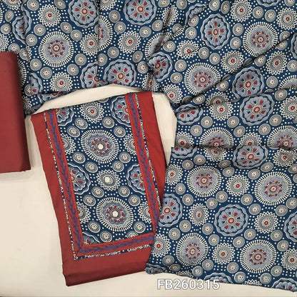Brick red with dark blue satin cotton unstitched salwar material, ajrak yoke with real mirror and embroidery detailing on front (Lining Optional) matching cotton bottom, ajrak printed silk cotton dupatta. FB250315