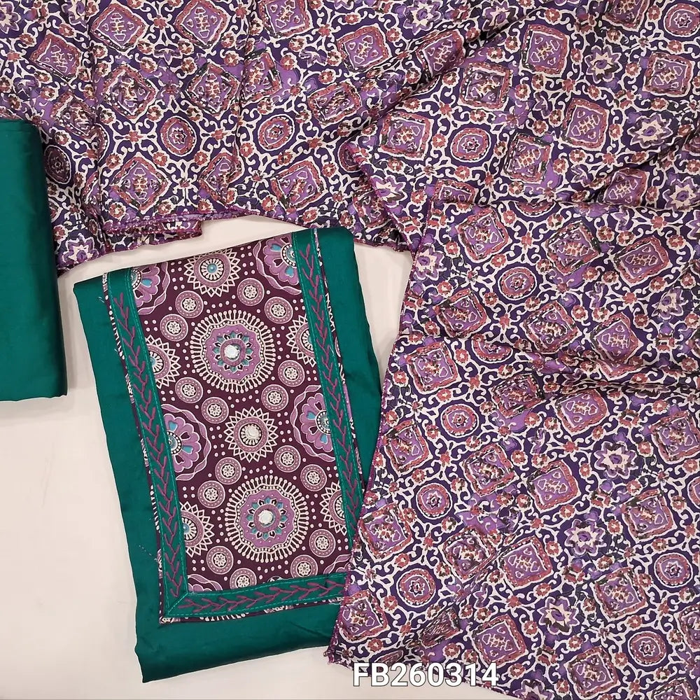 Teal Green with purple satin cotton unstitched salwar material, ajrak yoke with real mirror and embroidery detailing on front (Lining Optional) matching cotton bottom, ajrak printed silk cotton dupatta. FB250314