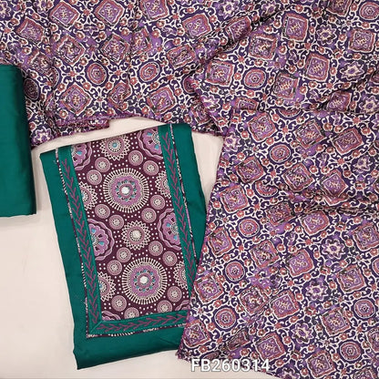 Teal Green with purple satin cotton unstitched salwar material, ajrak yoke with real mirror and embroidery detailing on front (Lining Optional) matching cotton bottom, ajrak printed silk cotton dupatta. FB250314