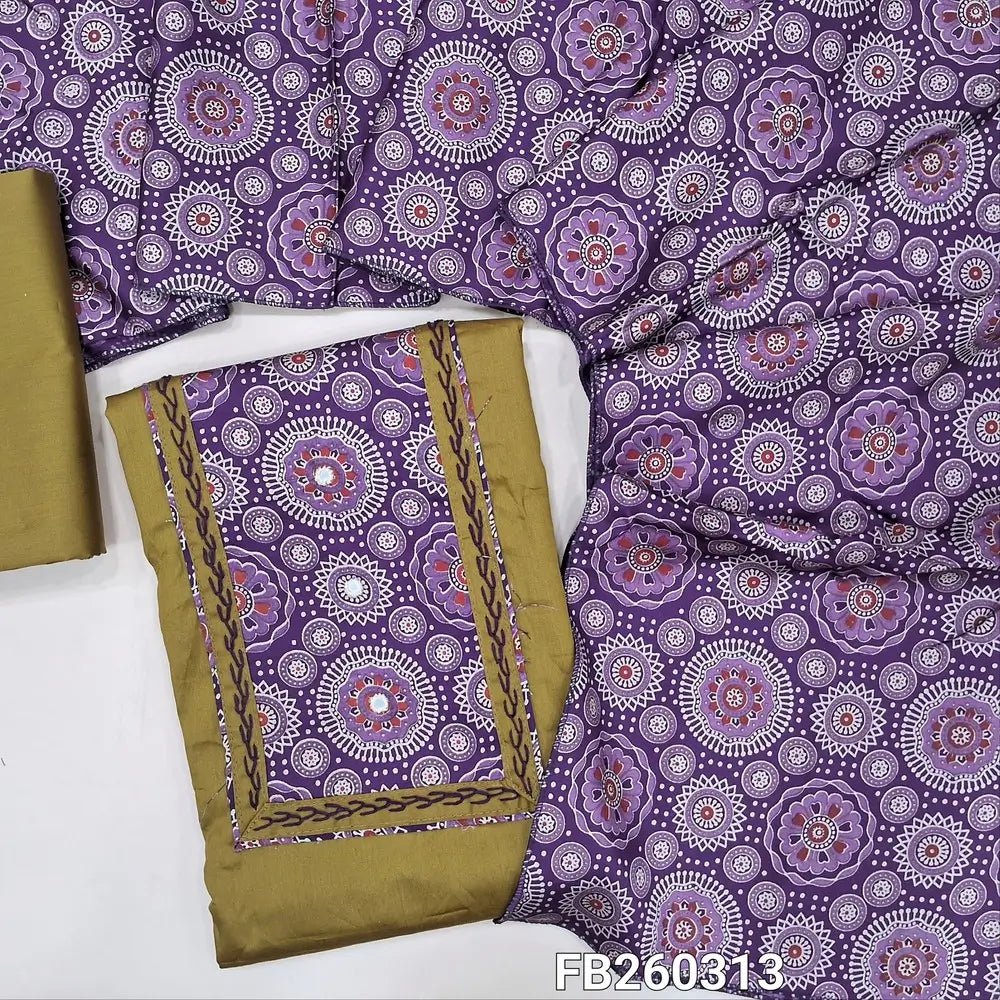 Mehandhi green with dark purple satin cotton unstitched salwar material, ajrak yoke with real mirror and embroidery detailing on front (Lining Optional) matching cotton bottom, ajrak printed silk cotton dupatta. FB260313