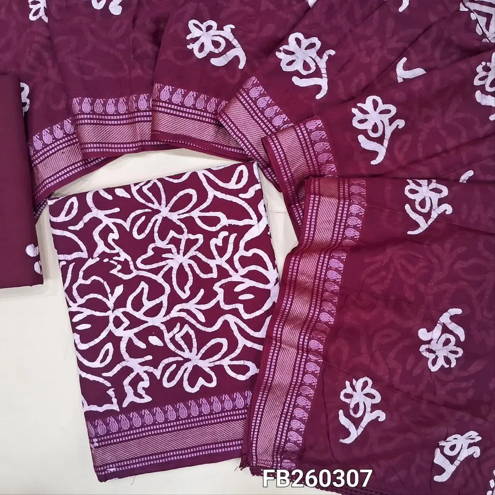 Dark Beetroot Purple original wax batik dyed soft cotton unstitchd salwar material, thread woven borders on daman (Lining Optional) batik dyed cotton bottom, batik dyed mul cotton dupatta with borders. FB260307