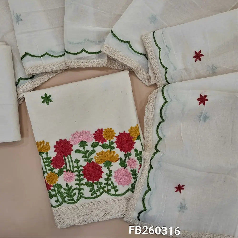 Half white pure cotton unstitched salwar material, colorful embroidery work on daman with lace tapings, embroidery on front (Lining Needed) Matching coton lining, NO BOTTOM, Pure mul cotton embroidered dupatta with scallop edges. FB260316