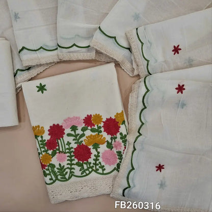 Half white pure cotton unstitched salwar material, colorful embroidery work on daman with lace tapings, embroidery on front (Lining Needed) Matching coton lining, NO BOTTOM, Pure mul cotton embroidered dupatta with scallop edges. FB260316