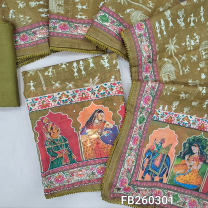 Olive green tissue linen digital printed unstitched salwar material, colorful prints highlighted with bead and embroidery work (Textured, Lining Needed) matching santoon bottom, digital printed short width tissue linen dupatta. FB260301